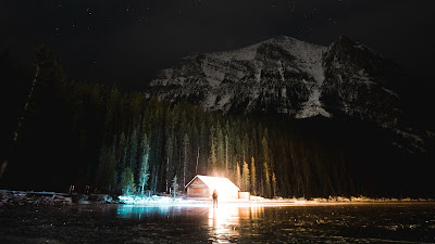 Screen background, Night, Mountain, Lake, Starry sky, Snow.