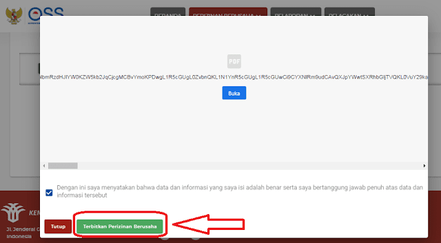 Akan muncul halaman Surat Pernyataan Mandiri. Silahkan centang semua lalu klik "Lanjut". Maka akan otomatis muncul halaman baru. Silahkan centang kotak persetujuan lalu Klik "Terbitkan Perizinan Usaha"