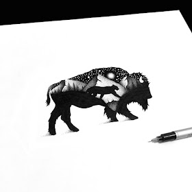 03-The-Bison-and-the-Cougar-Thiago-Bianchini-Ink-Animal-Drawings-Within-a-Drawing-www-designstack-co