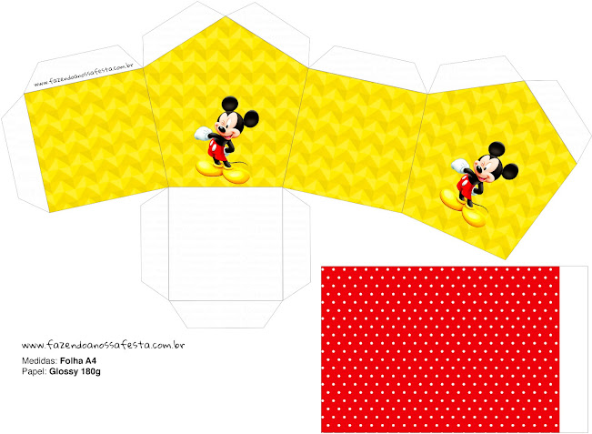 Mickey in Yellow, Zigzag and Red Background: Free Printable House Shaped Box. Mickey in Yellow, Zigzag and Red Background: Free Printable House Shaped Box.