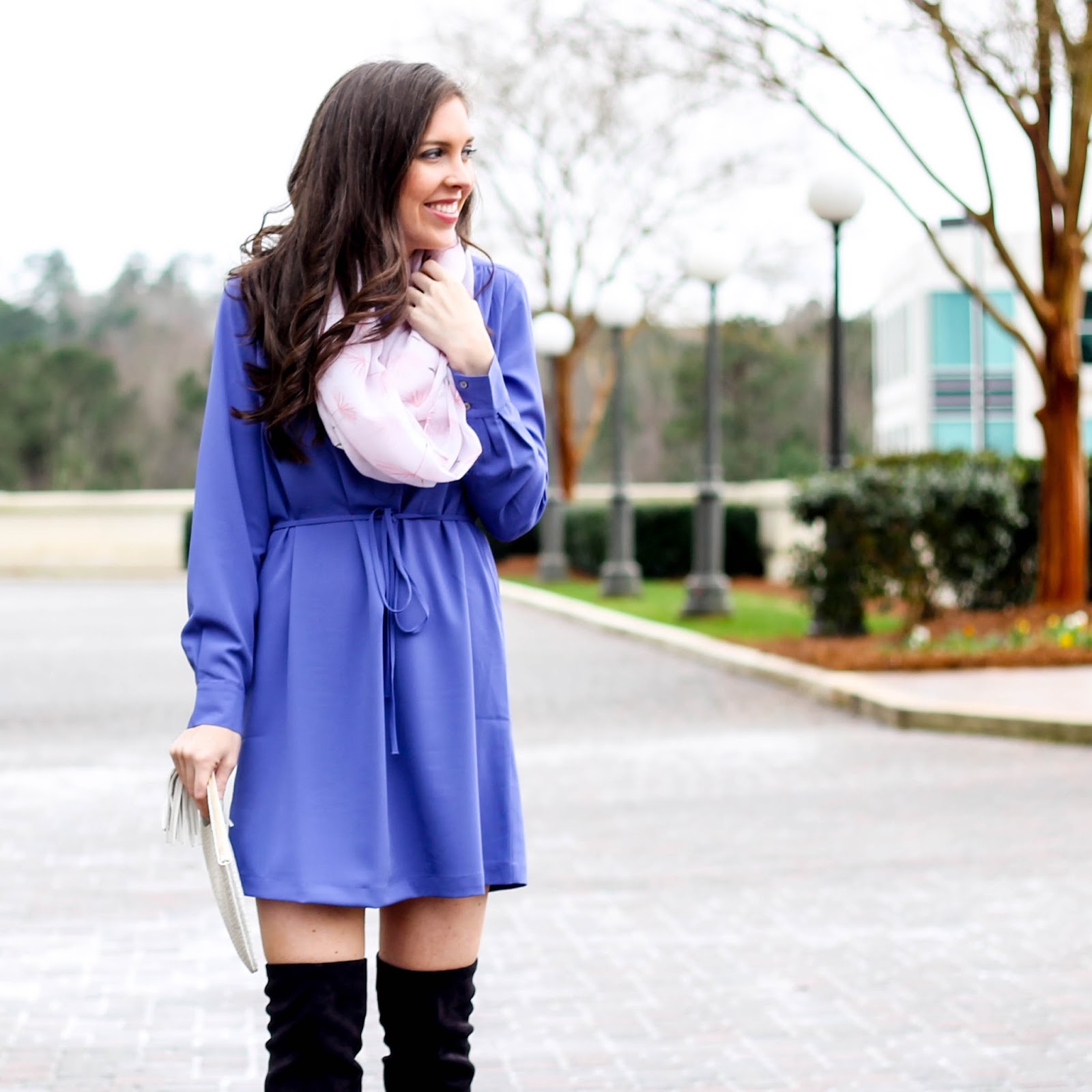 Purple Shirtdress, LOFT shirtdress, LOFT dress for winter and spring, work outfit ideas, winter outfit idea, winter trends, pastel scarf, nordstrom infinity scarf, black over the knee boots, suede boots, pretty in the pines, nc fashion blogger, fashion trends of 2016