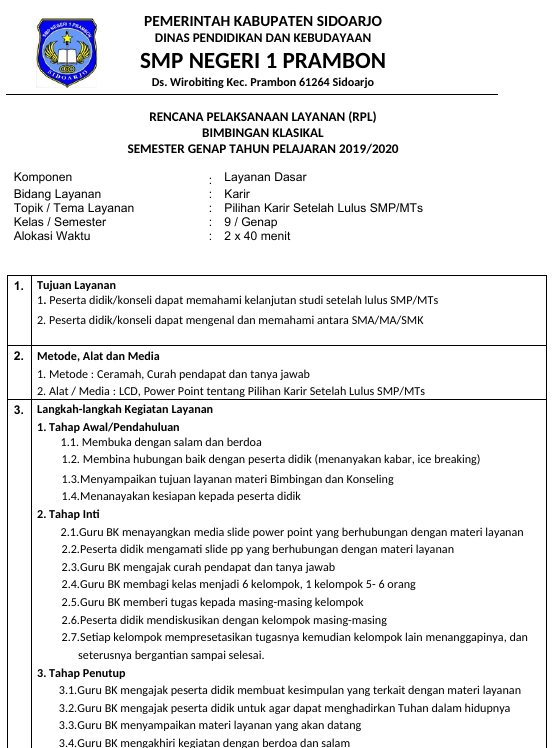 Rpl Bk 1 Lembar Untuk Smp Kelas 7 8 9 Bimbingan Konseling