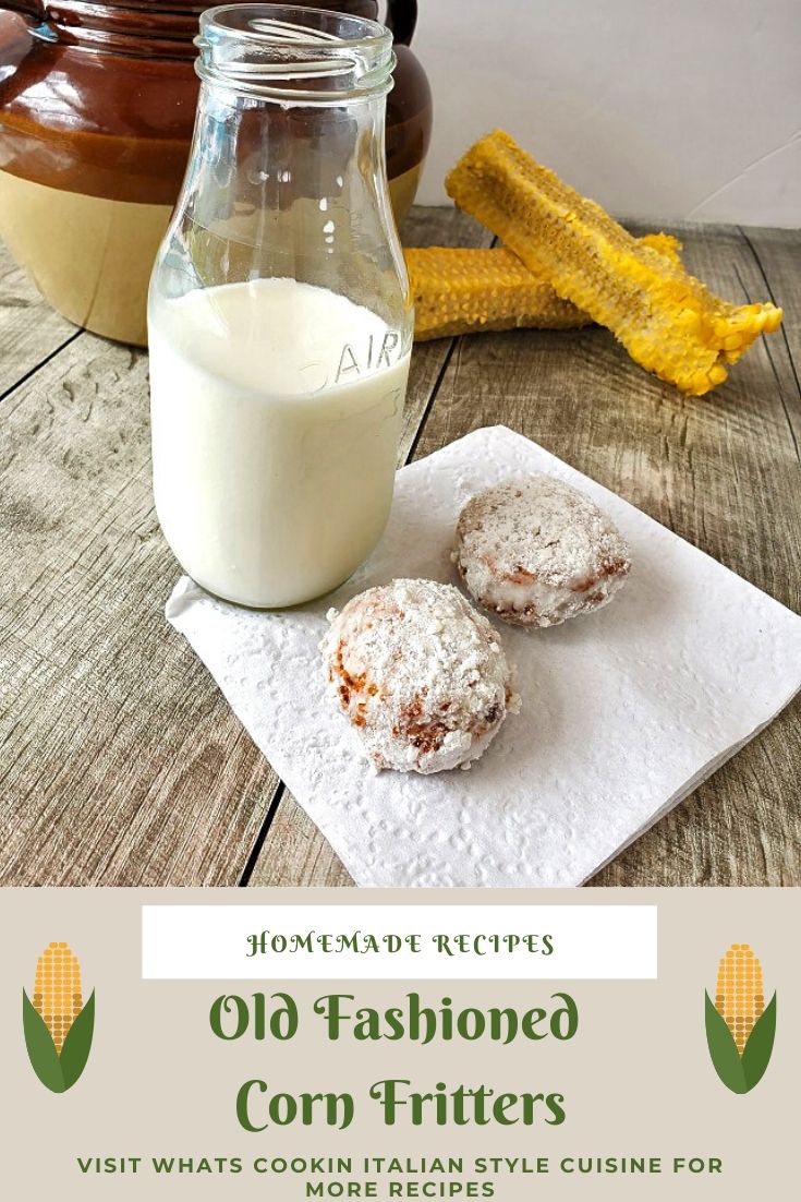 this is a pin for later corn fritters on a napkin with milk in an old milk bottle