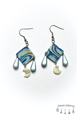 Boucles oreilles pâte polymère Mokume Gane Bleu Sahara Feuilles métallique bleues Cernit Fimo Stenna Création