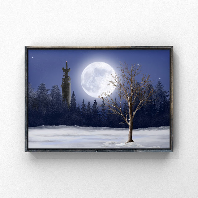 moon over Cannock Chase artwork with snow