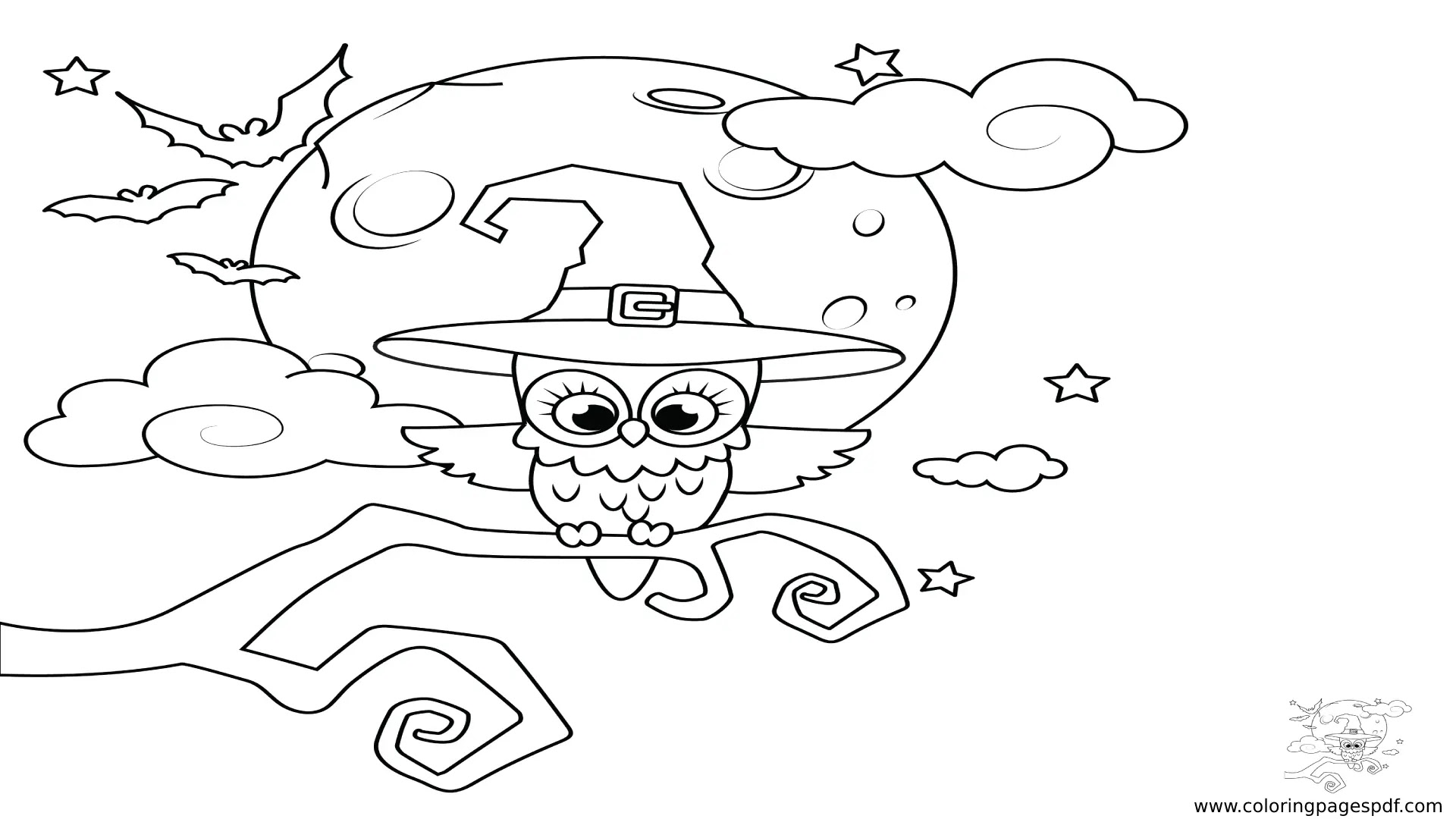 Coloring Page Of An Owl Wearing A Witch Hat
