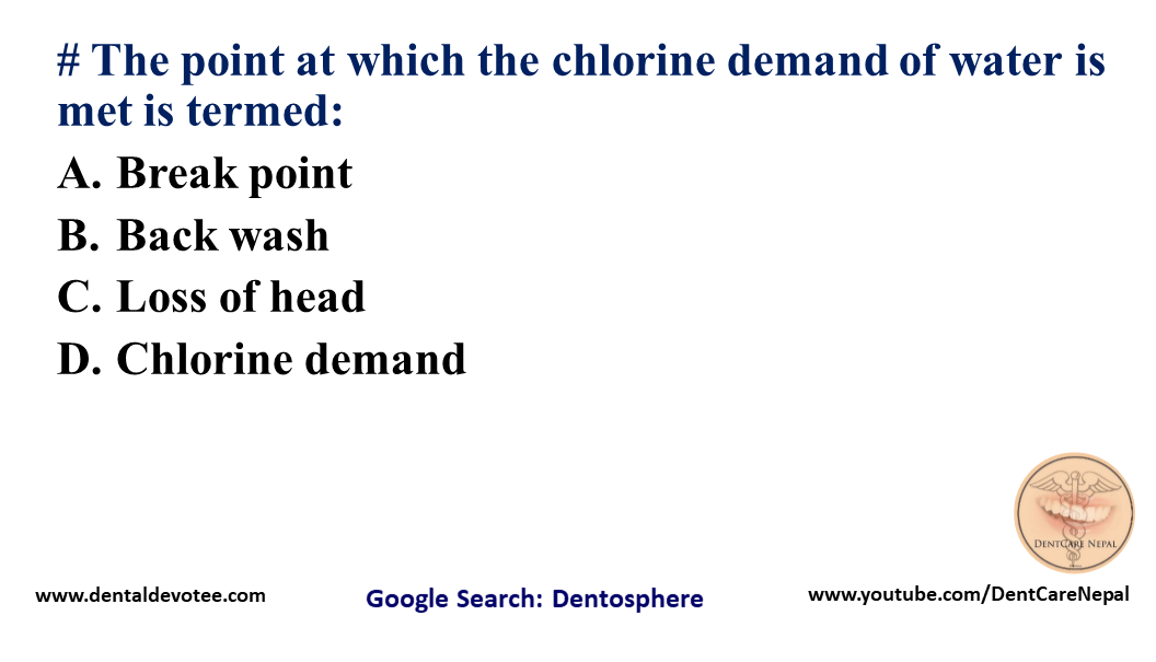 Dentosphere World of Dentistry The point at which the chlorine demand of water is met is termed