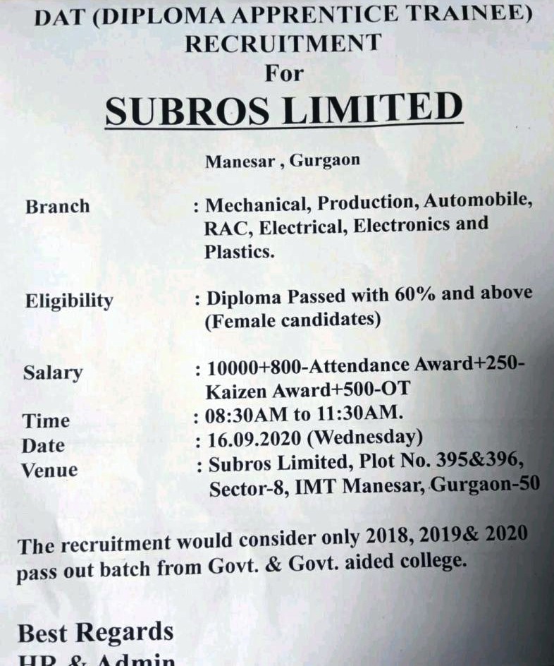 SUBROS LIMITED Recruitment for Diploma Freshers (Mechanical
