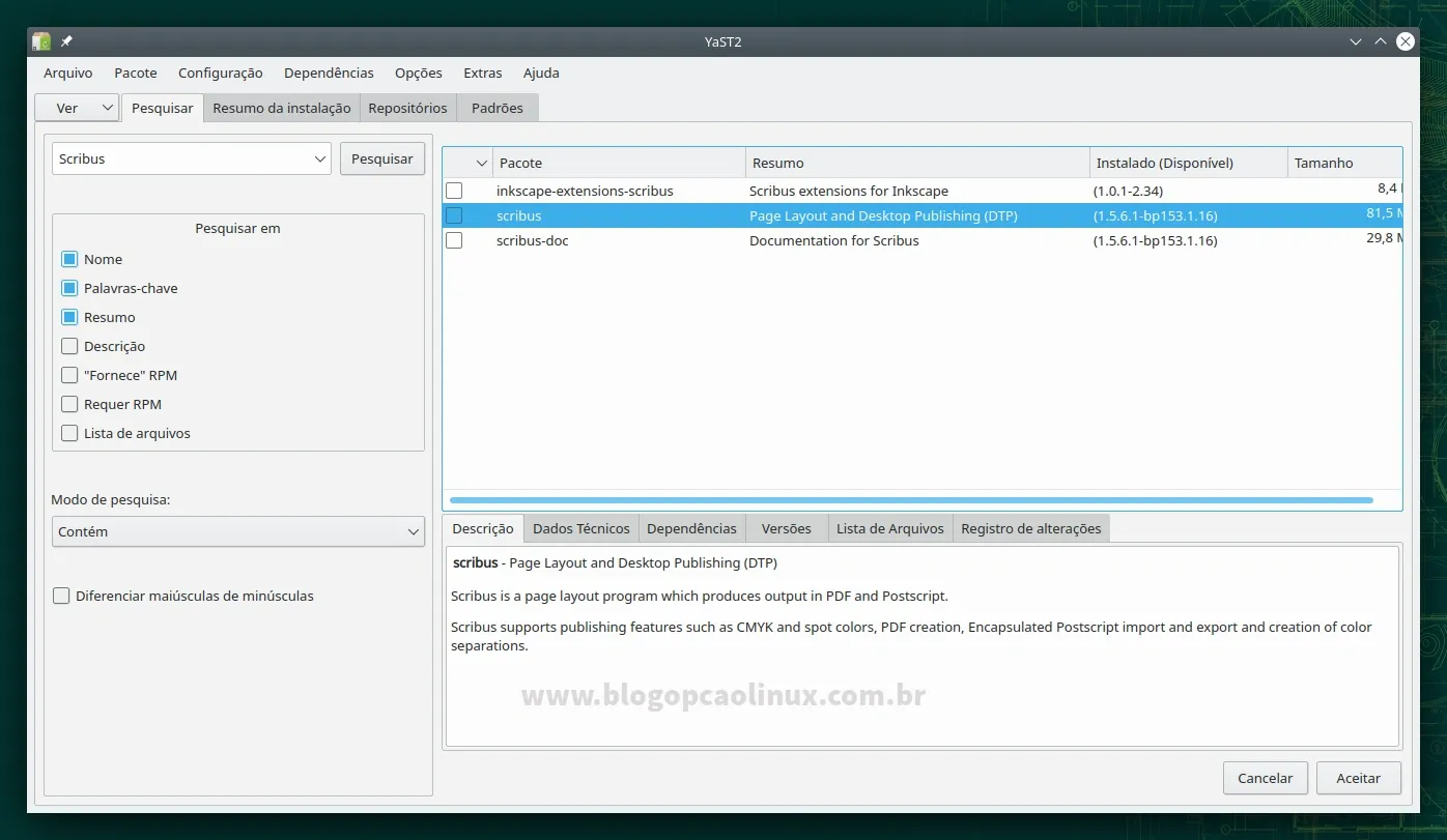 Gerenciamento de Software do YaST - openSUSE Leap 15.3