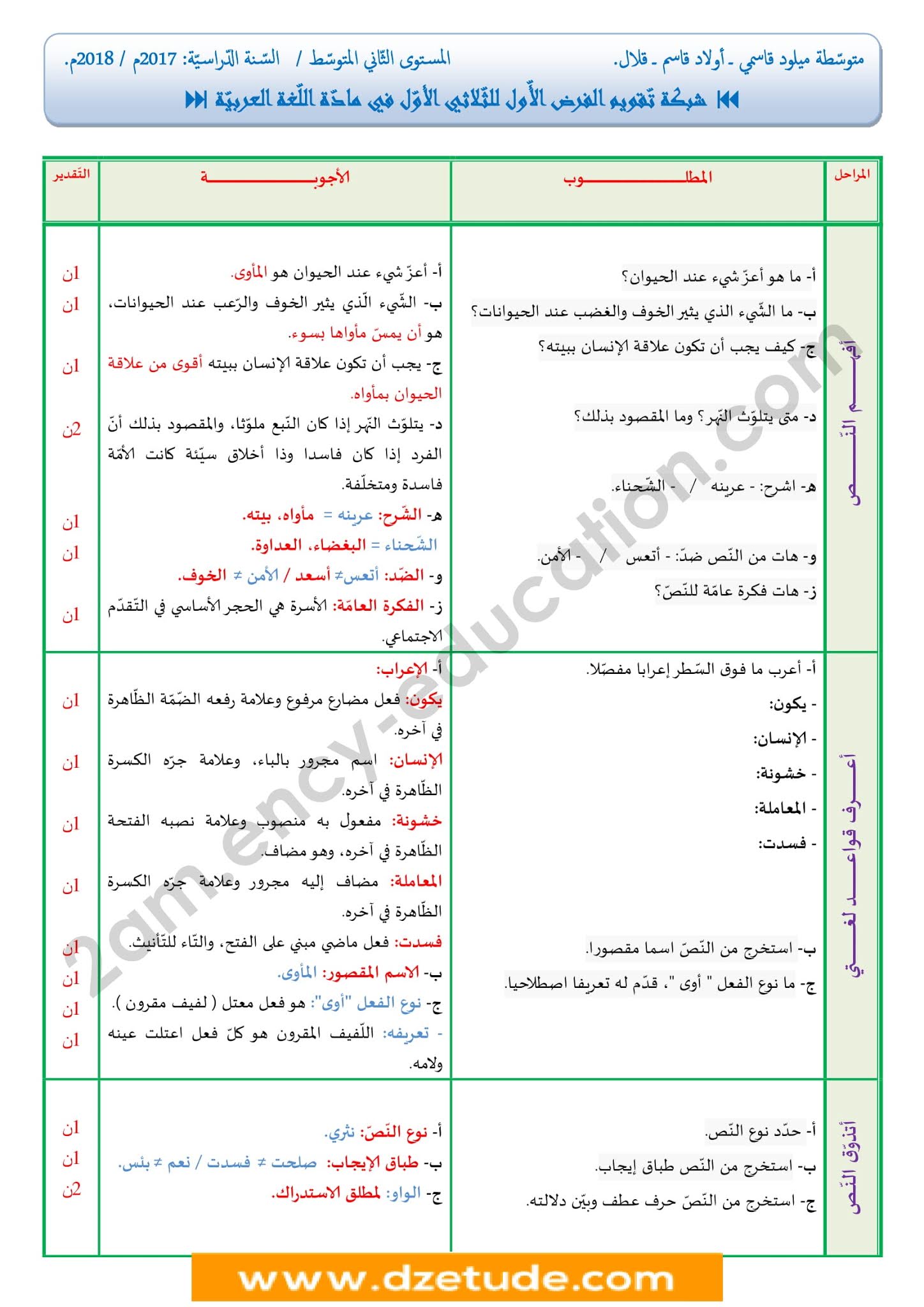فرض اللغة العربية الفصل الأول للسنة الثانية متوسط - الجيل الثاني نموذج 3