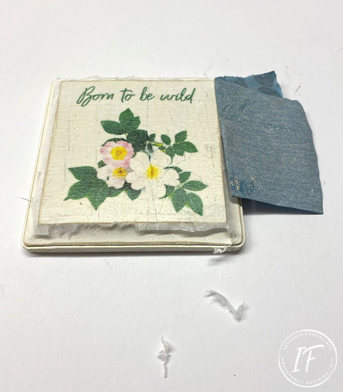 A DIY Wild Rose Decoupage Napkin Wood Coaster with vintage-style by Interior Frugalista. Plus easy to follow step-by-step tutorials on How To Print On Tissue Paper AND How To Decoupage Napkins On Wood. A fun and easy Mod Podge craft idea!