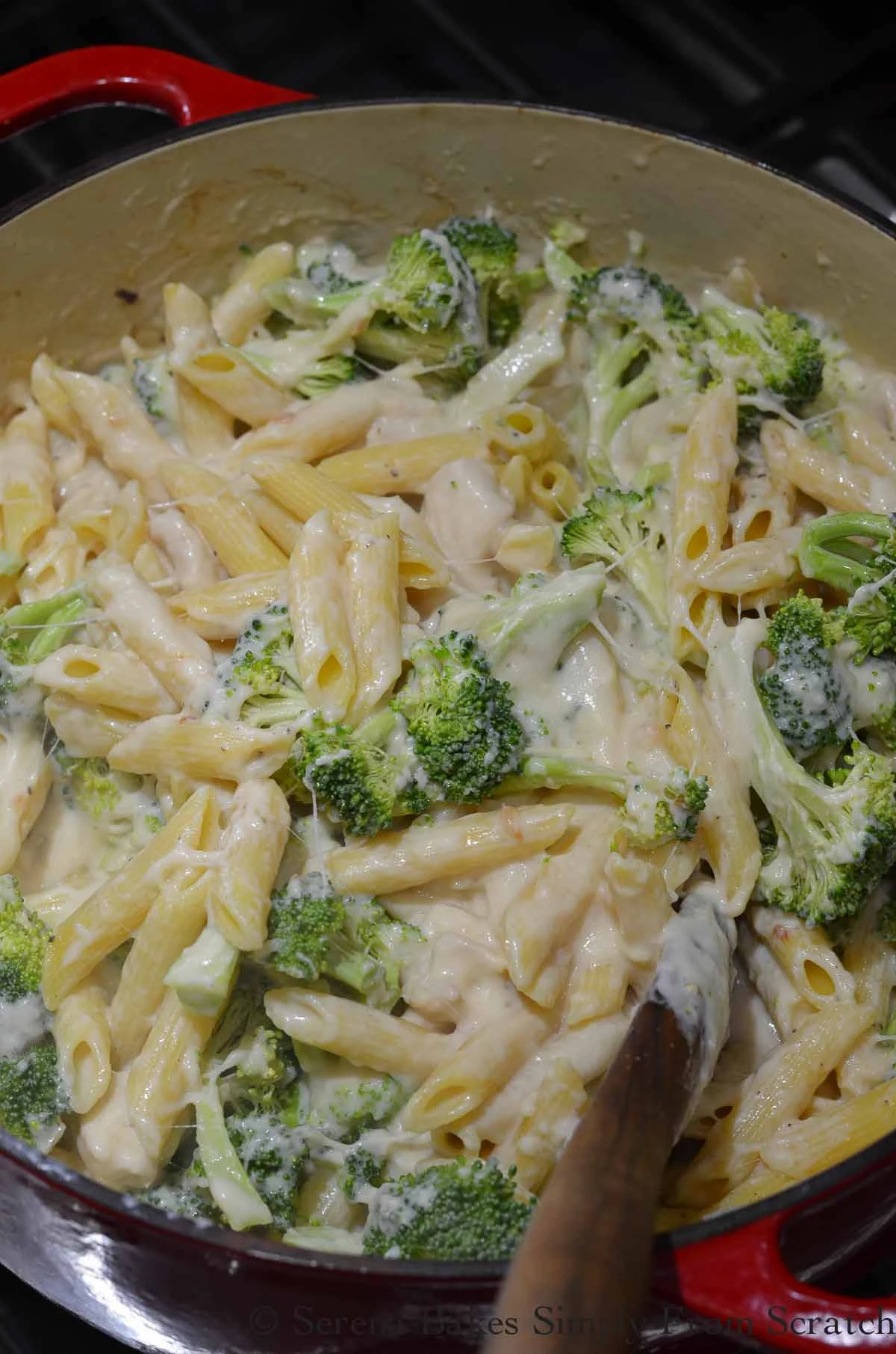 Pasta, Chicken and Broccoli being stirred into cheese sauce.