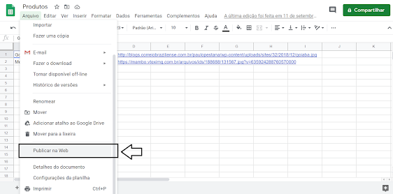 Clique em "publicar na web" para disponibilizar sua planilha na web.