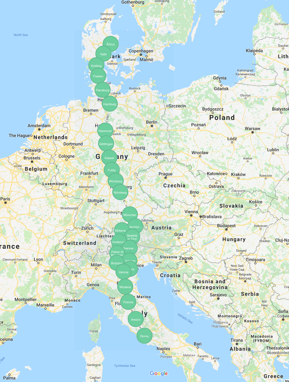 neat and simple query giving us a path with 26 hops 2147 km and quite straight looking on the map we have a winner neat and simple query giving us a path with 26 hops 2147 km and quite straight looking on the map we have a winner