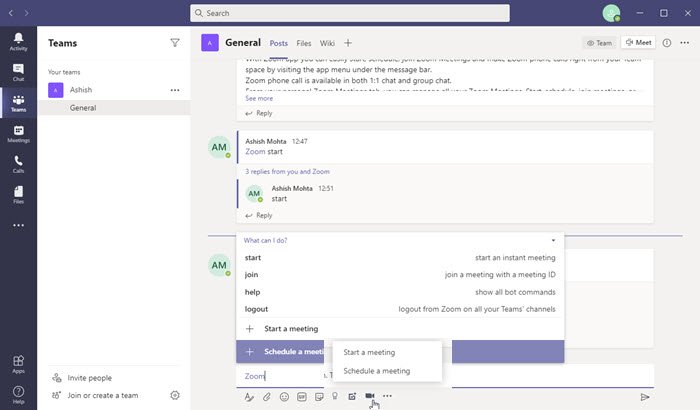 Démarrer la réunion Zoom Microsoft Teams