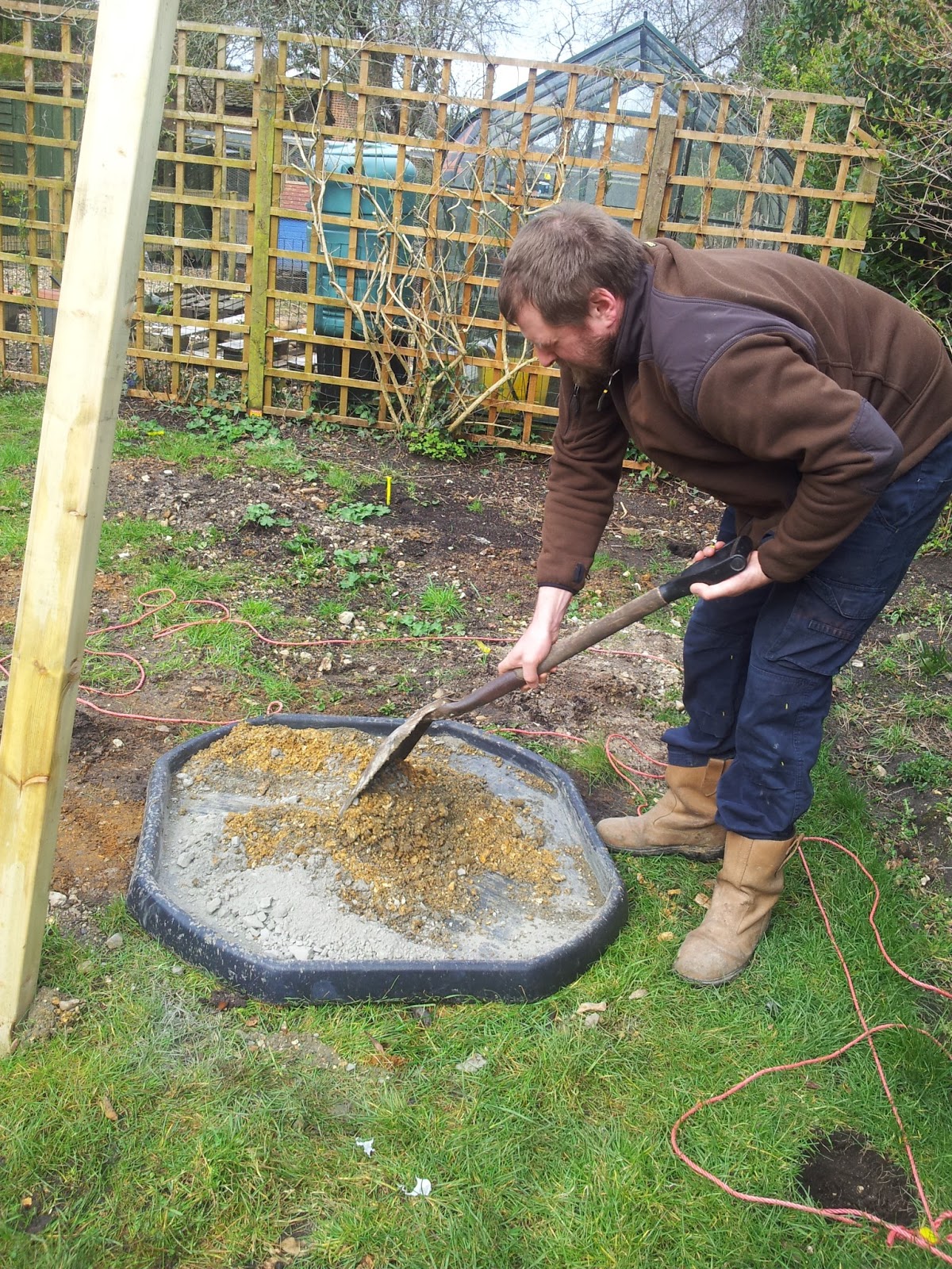 Building a Cat Enclosure Securing post into the ground
