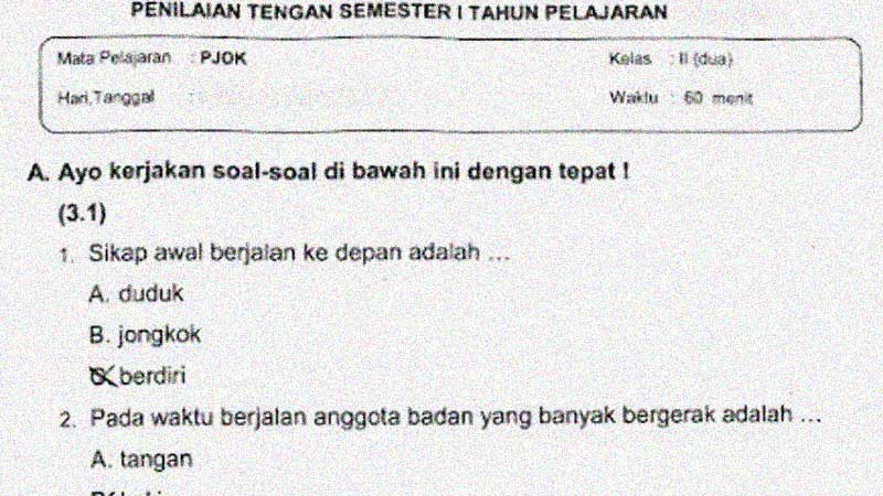 Soal dan Kunci Jawaban PTS Semester 1 Mapel PJOK Kelas 2