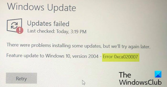 Error de actualización de Windows 0xca020007