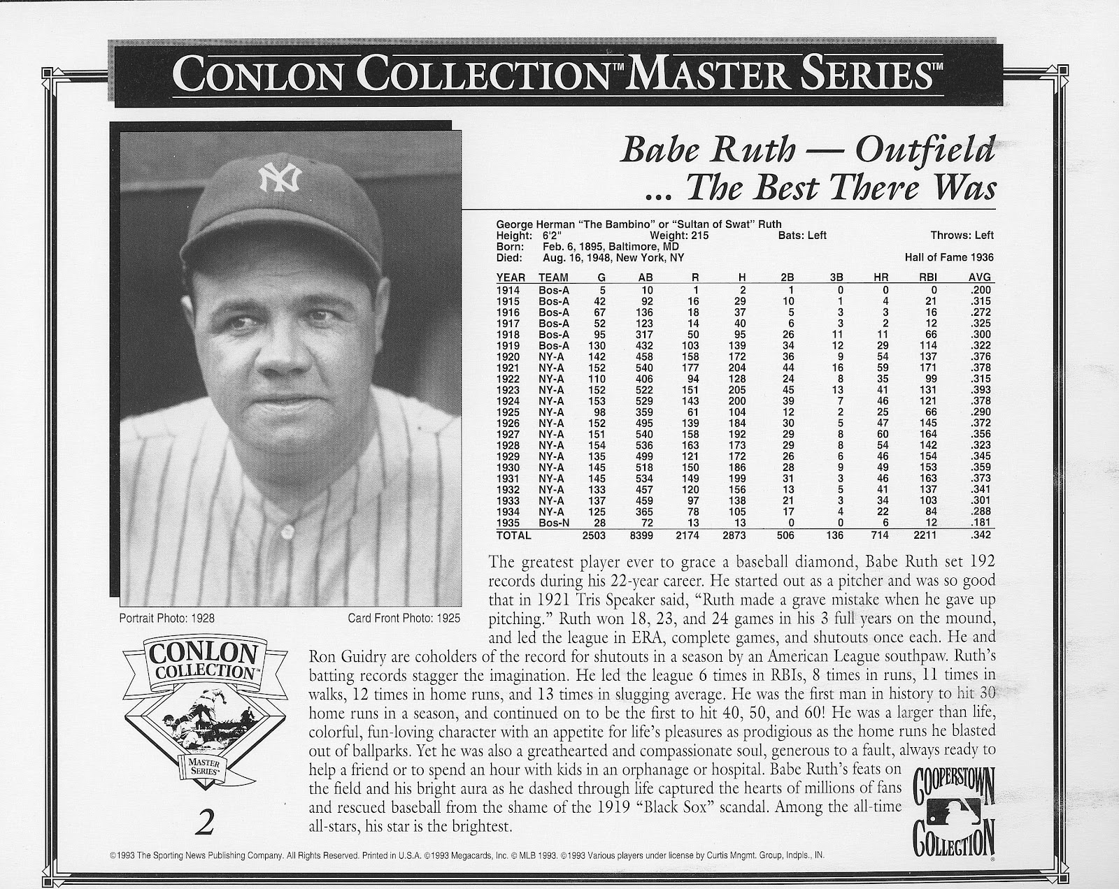 the Conlon Baseball Card Collector * 1993 8x10 Master Series (9 B&W
