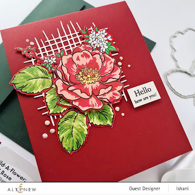 Altenew BAF Wild rose layering stamp, Build a flower stamp set - Wild rose, Rose cards, Wild rose stamp, layering stamps, altenew Burlap die, Clean and simple rose card, Turquoise rose card, Quillish, Guest designer Ishani, Altenew layering stamps, Red rose card with red cardbase