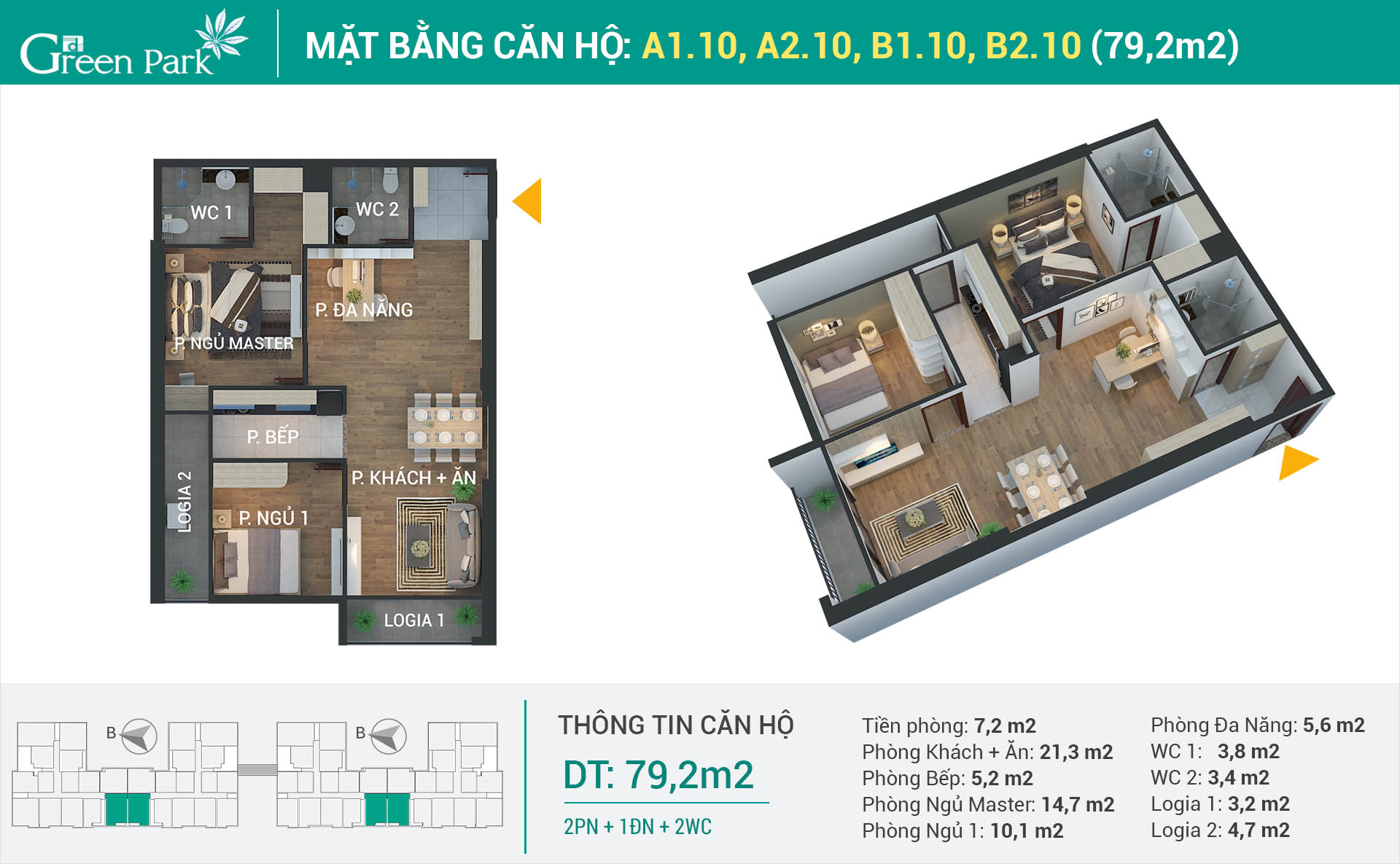Thiết kế nội thất căn hộ số 10 (79.2m2) 2PN Phương Đông Green Park