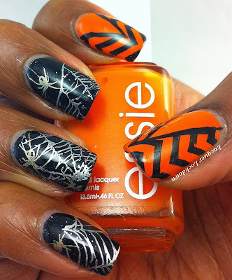 Lacquer Lockdown - stamping, nail art, Orly Goth, Essie Fear or Desire, spiderwebs, spiders, halloween nail art, halloween, chevron nail art, china glaze passion, essie no place like chrome, vivid lacquer, vivid lacquer stamping plates, vivid lacquer image plates, VL010, VL013,  orange and black nail art, halloween nails, easy nail art, cute nail art, trigger finger mani, trigger finger accent nails, chevrons, spiders, cobwebs, spooky nails, cute nails