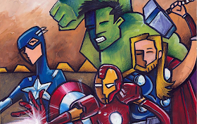 A hand drawn picture of the Avengers. Thor, Captain America, Hulk & Iron Man.