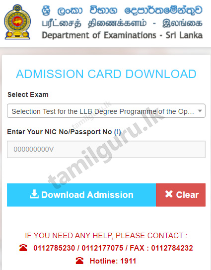 Download Admission Card (PDF) for Open University (OUSL) LLB Selection Test (English Paper) (Entrance Examination) 2021 (2022)