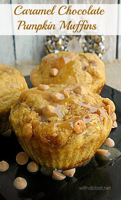 Caramel Chocolate Pumpkin Muffins is deliciously moist, packed with Pumpkin, Chocolate Chips with a Caramel drizzle ~ perfect for breakfast, tea time, a snack or lunchbox #PumpkinMuffins #FallRecipe #FallFavorite #Muffins