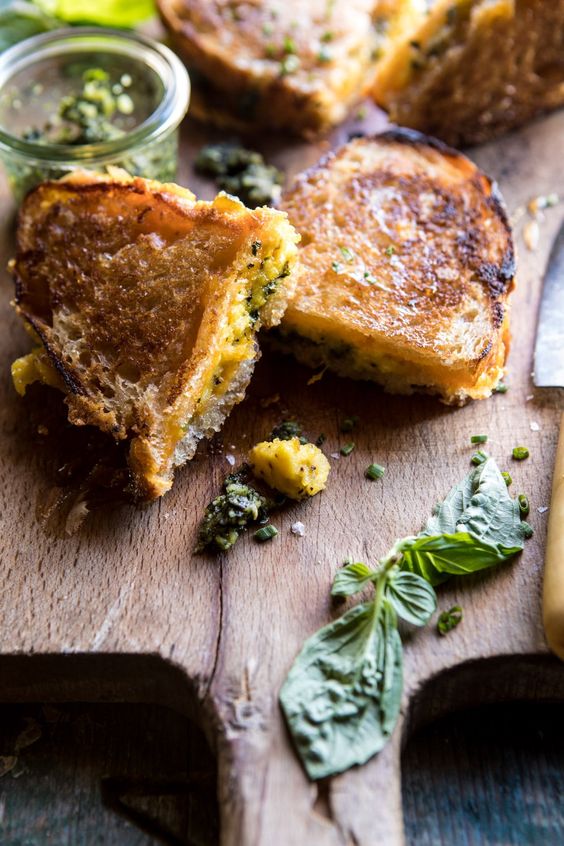 Breakfast Grilled Cheese with soft Scrambled Eggs and Pesto Easy Food