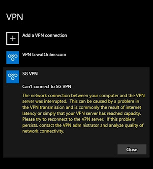 The network connection between your computer and the VPN server was interrupted this can be caused