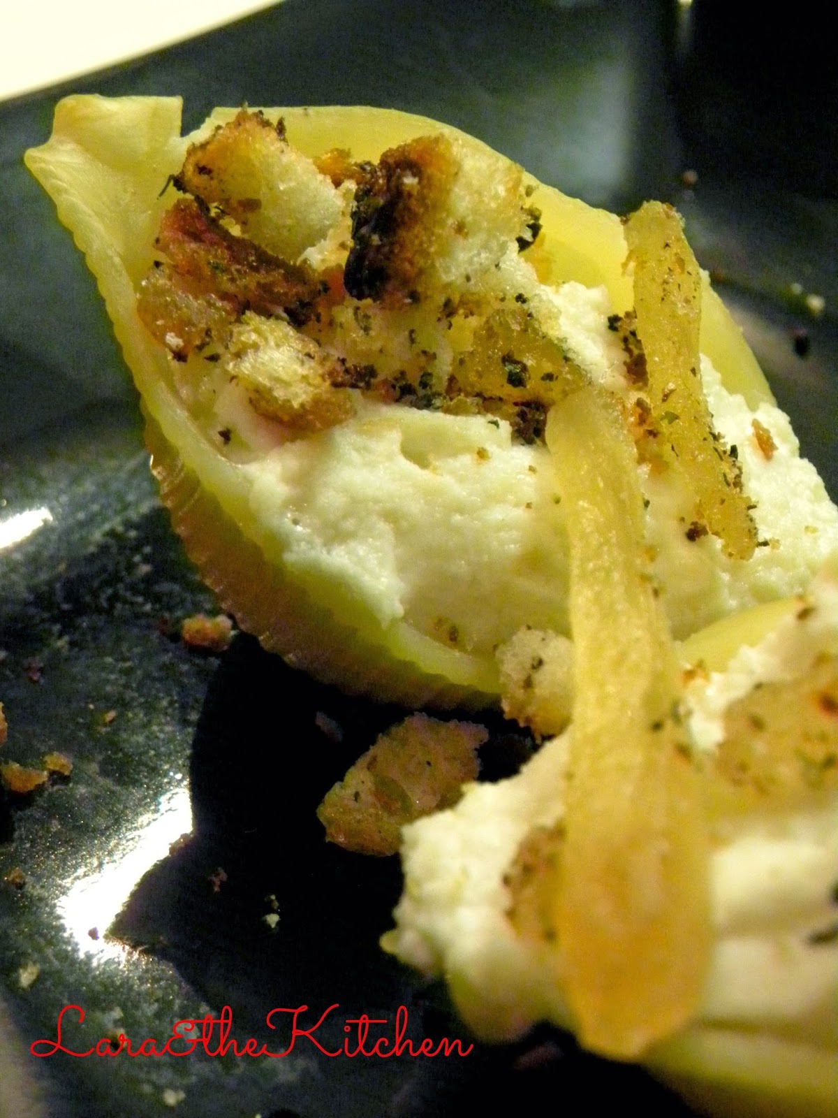 conchiglioni ricotta e limone con crumble di pane e zenzero candito