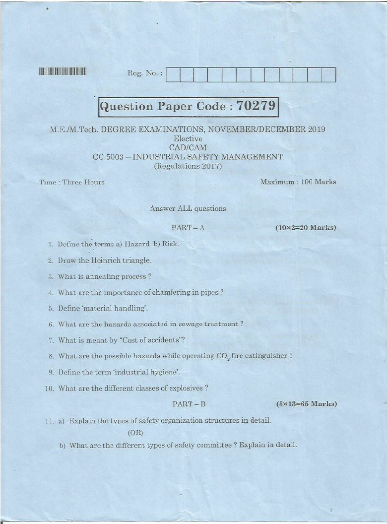 Anna University CC 5003INDUSTRIAL SAFETY MANAGEMENT November/December