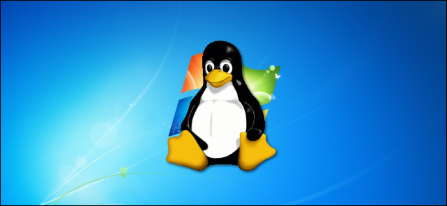 Linux Tux penguin mascot على خلفية سطح مكتب Windows 7.