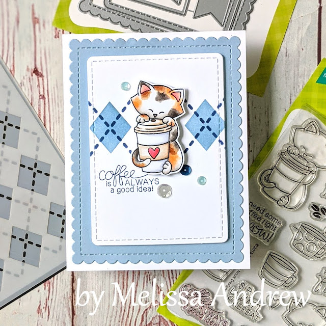 Coffee Cat Card by Melissa Andrew| Newton Loves Coffee Stamp Set, Argyle Stencil Set, and Frames & Flags Die Set by Newton's Nook Designs #newtonsnook
