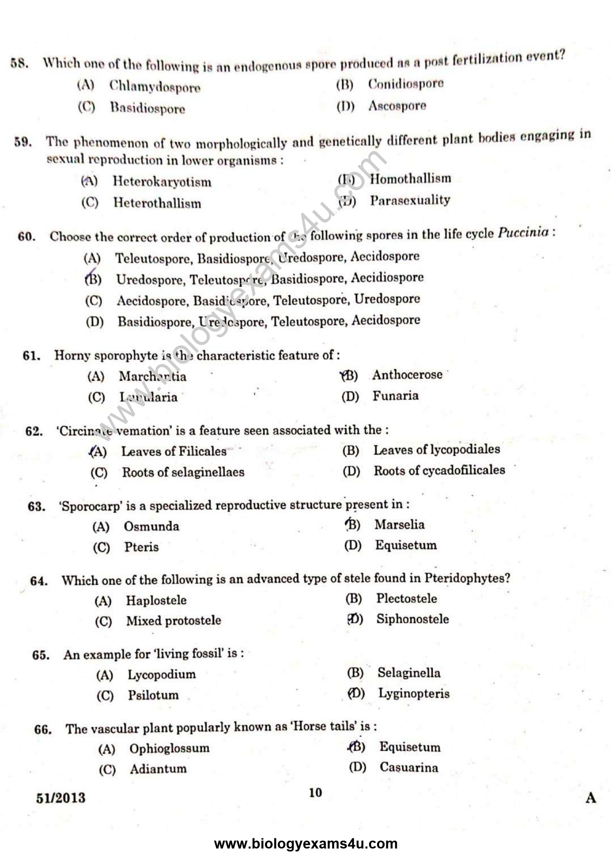 Scientific Assistant Biology Question Paper with Answer Key 51/2013