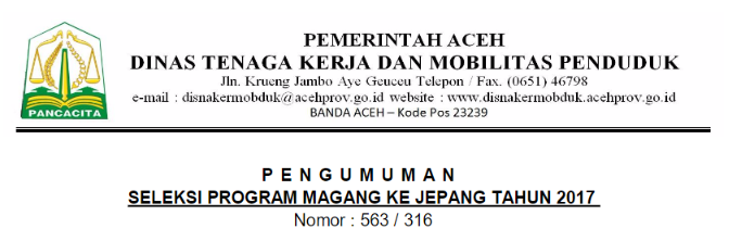 Program Magang ke JEPANG Tahun 2017 - Disnakermobduk Aceh 