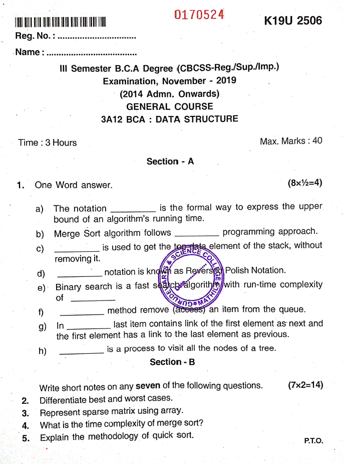 Kannur University B.C.A. 3A12BCA DATA STRUCTURE NOVEMBER 2019