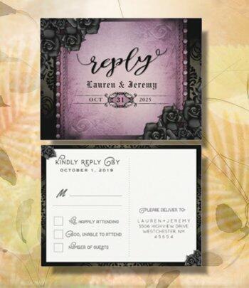 Purple gothic wedding reply postcard front & back