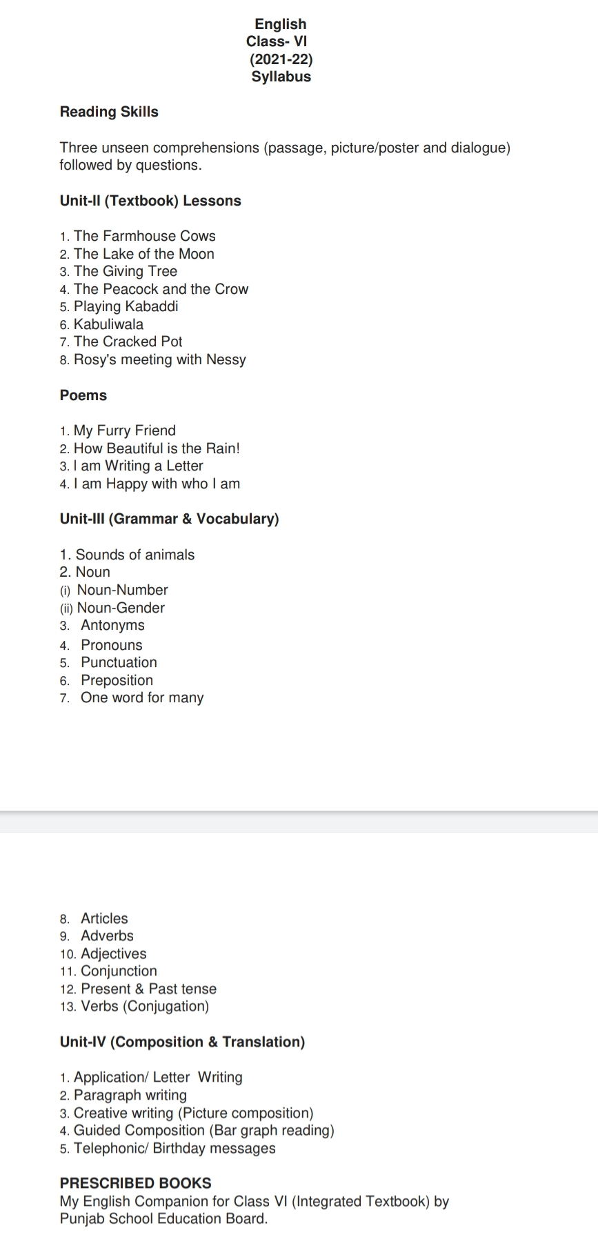 Syllabus For 6th Class