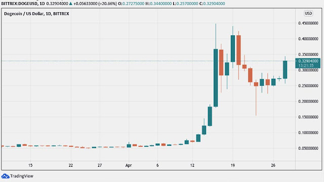 Graphique DOGE/USD en bougies sur 1 jour (Bittrex). Source : TradingView