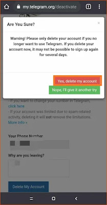 How to Delete Telegram Account Permanently on Android phone - Yes, delete my account