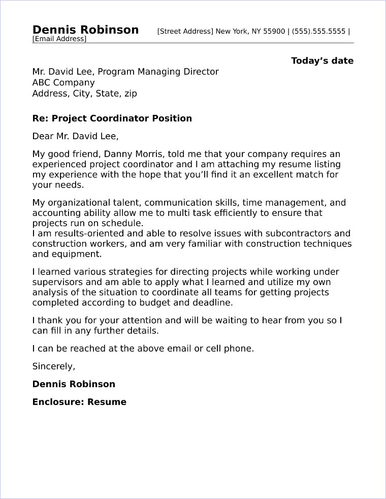 sample cover letter for entry level project coordinator
