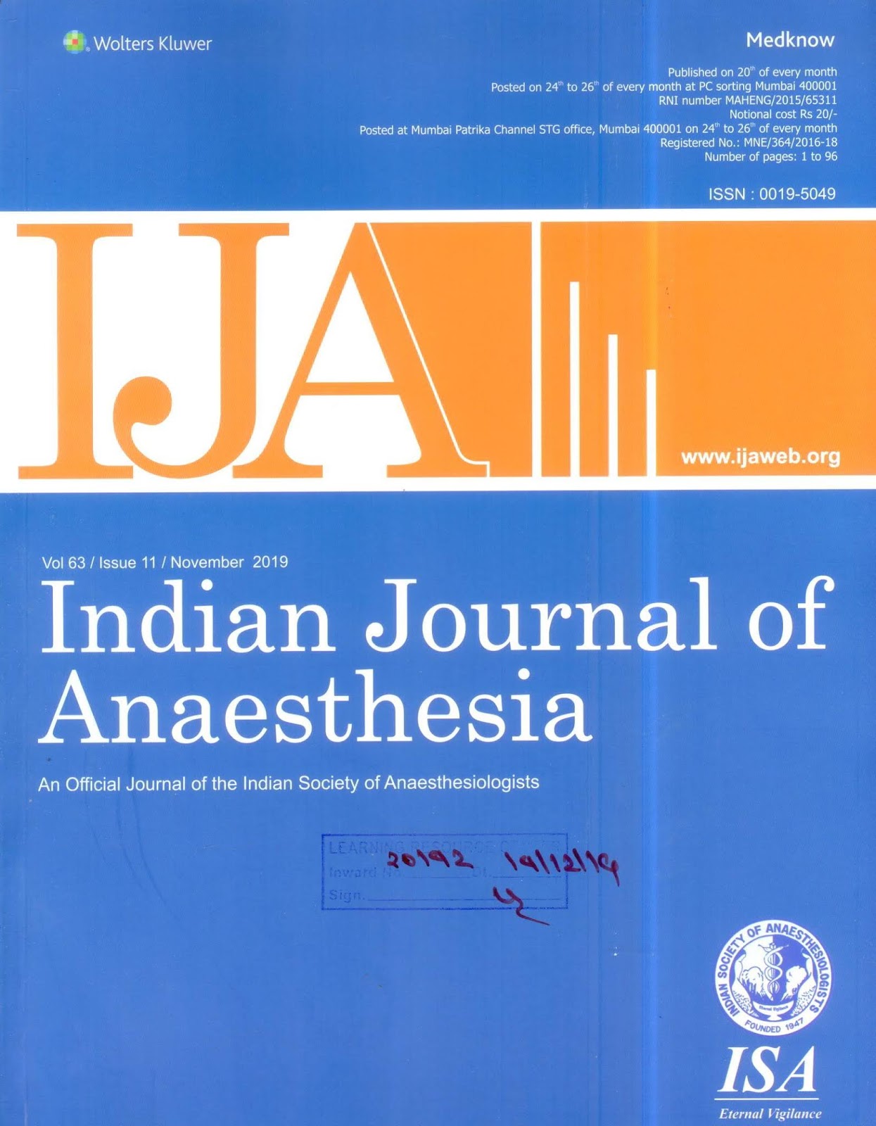 http://www.ijaweb.org/showBackIssue.asp?issn=0019-5049;year=2019;volume=63;issue=11;month=November