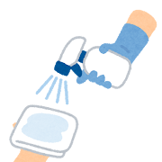 布に消毒液をスプレーしているイラスト