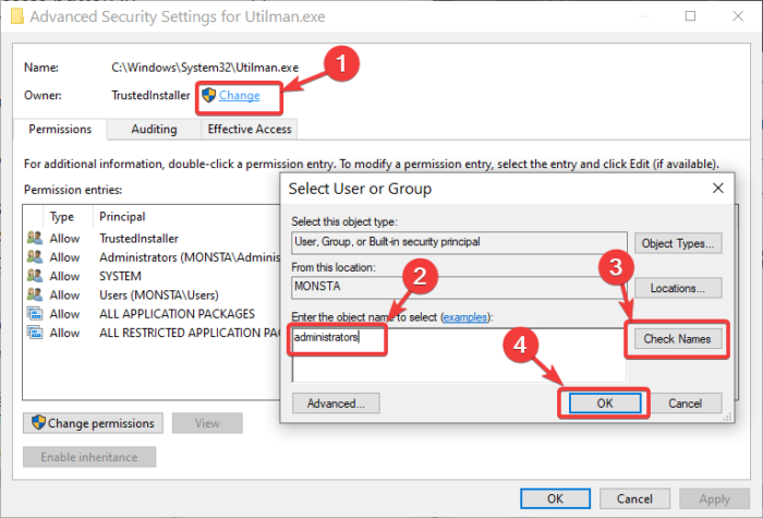 cambia il proprietario di utilman.exe in amministratori