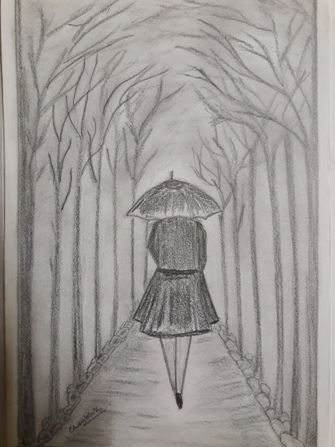 Pencil Sketch of a woman walking through avenue