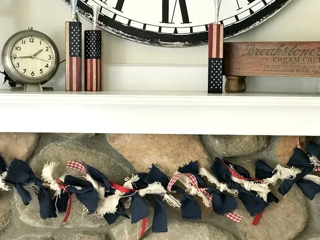 Fourth of July Rag Garland hanging on the Mantel