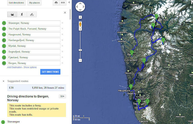 My charted course from Stavanger through the fjords and back to Bergen where we'll say good-bye to Norway.