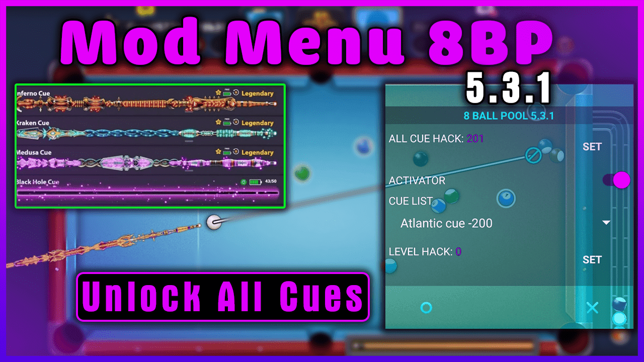 Mod Menu 8 Ball Pool 5.3.1 New Update Unlock All Cues Share Mod Free
